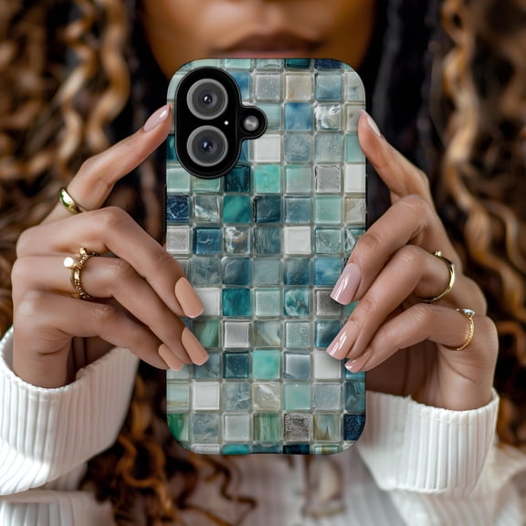 Blue Mosaic Tile Pattern Phone Case Fits iPhone Samsung Galaxy Hard Plastic Shell Boho Mediterranean Design