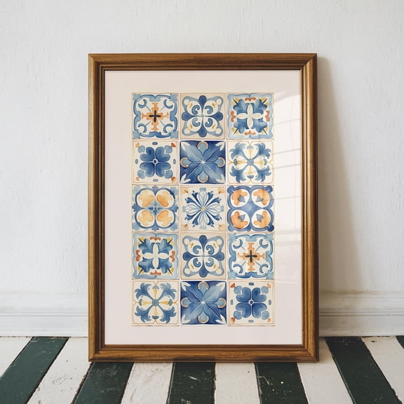 Blue Mosaic Tile Wall Art, Vintage Blue Mediterranean Style Tile Poster, Blue Ceramic Tile Poster, Kitchen Decor, Unframed Poster Size 16x24