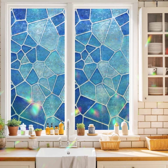 Blue Mosaic Window Privacy Film Modern Abstract Crimson Tiles Geometric Art Static Cling Stained Glass Window Film Non-Adhesive Decorative Decals Rainbow Sticker 17.7"X39.3"
