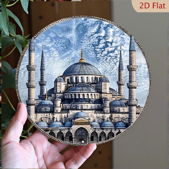 Blue Mosque Architectural Wall Art, Circular Aluminum Metal Print, Decorative Islamic Landmark Medallion, 8x8 Inch Ornate Religious Home Decor