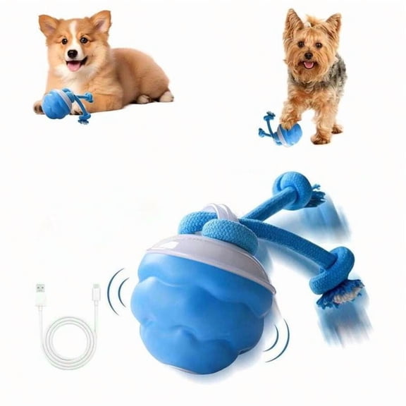 Blue Motion Activated Squeaky Dog Toy Rolling Ball With Rope Tug For Small Dogs