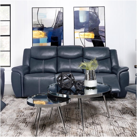 Blue Motion Reclining Sofa with Drop Down Table and Power Outlet, Faux Leather Upholstery with Contrast Stitching for Modern Living Room