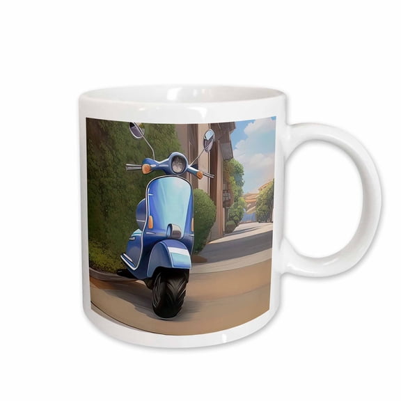 3drose, Blue Motor Scooter Stands by the House on a Hot Summer Day Art Gift, 15oz Mug