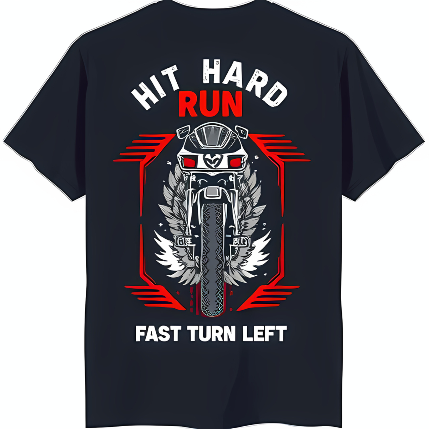 Blue Motorcycle TShirt with Red Outline & White Wings 'HIT RUN' & 'FAST TURN LEFT' Design for