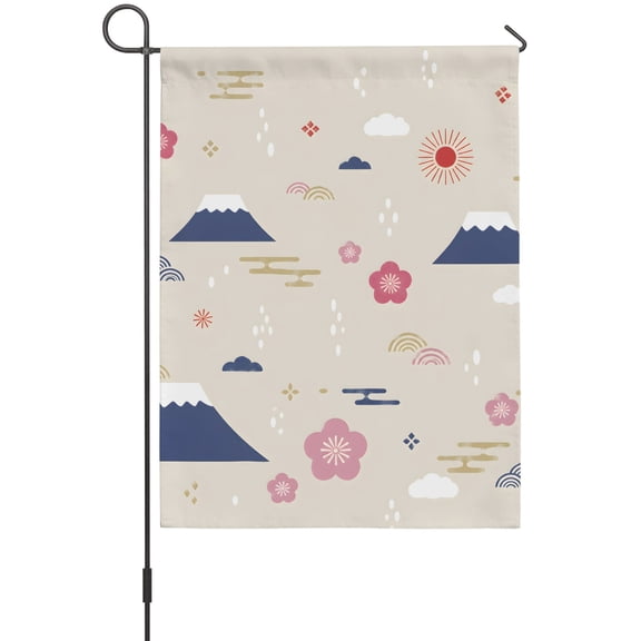 Blue Mount Fuji House Flags For Outdoor, Japandi Minimalist Pink Cherry Bloom Linen Texture Small Double Side Yard Flags Weather Proof House Decor for Lawn Outside Holiday 28 x 40 Inches