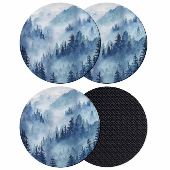 Blue Mountain Coasters Set of 4, Absorbent Coasters for Drinks, Misty Forest Nature Woodland Pine Tree Landscape Coaster for Desk Coffee Table Protection, Home Decor House Warming Gifts 4"