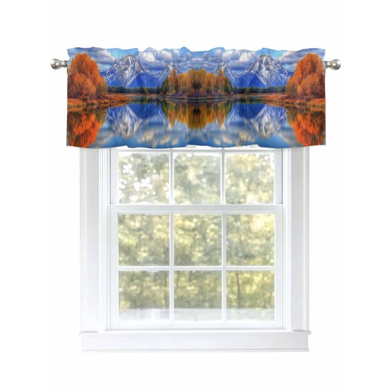 Blue Mountain Curtain Valances for Windows, Modern Art Yellow Forest Lake Kitchen Valance Window Treatment, Light Filtering Block Curtains for Bathroom/Bedroom/Living Room 42'' x 18''