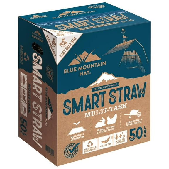 Blue Mountain Hay 50 lb Smart Straw in Easy Bale Box Certified Weed-Free Straw for Animal Bedding, Chicken Coops, Landscaping, Gardening & Erosion Control All-Natural & Biodegradable