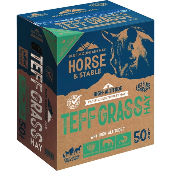 Blue Mountain Hay High-Altitude Teff Grass Hay, 50lb Easy Flake Box - Low NSC & High Fiber for Easy Digestion and Weight Management - Ideal for Horses, Goats, Rabbits, Guinea Pigs & Other Small Pets