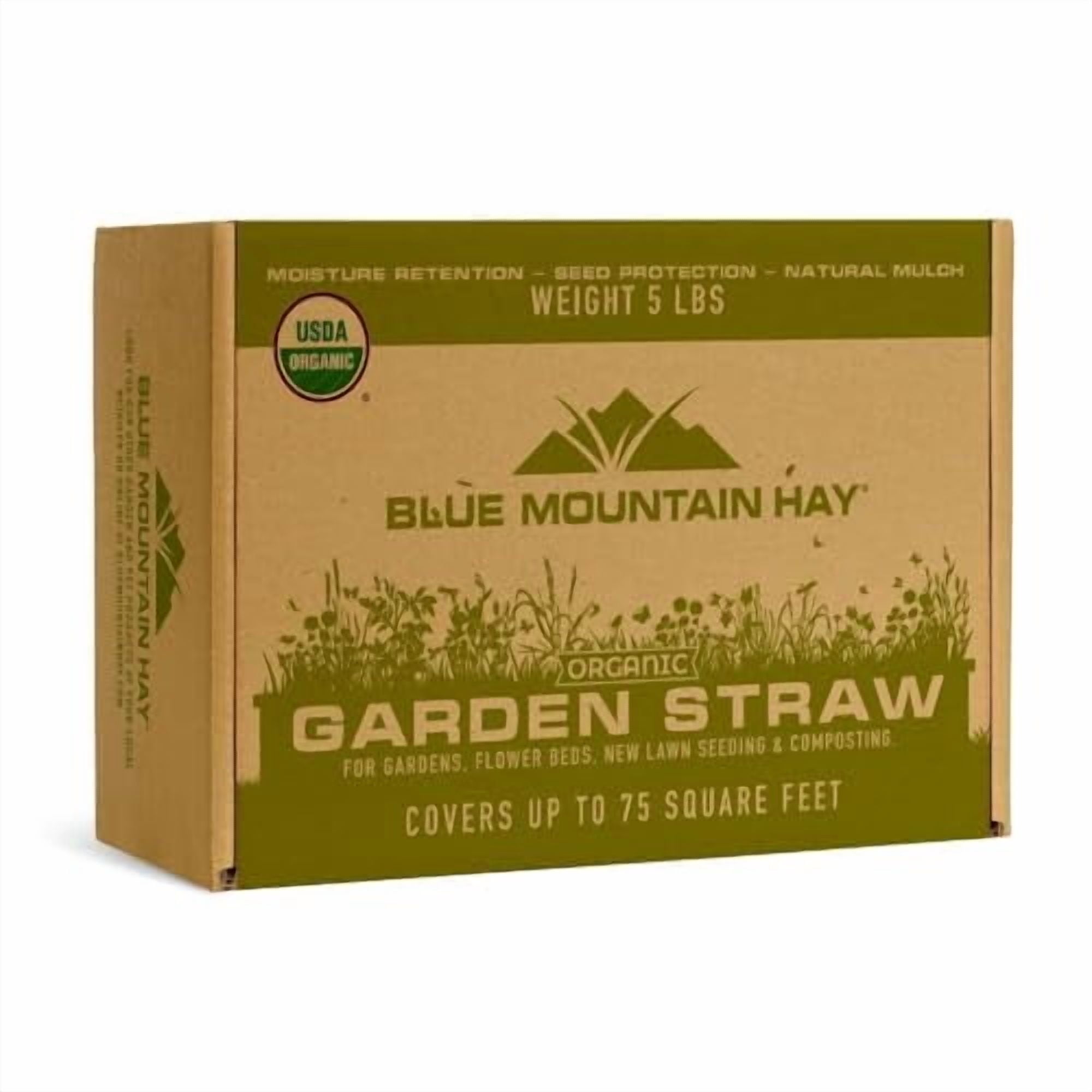 Blue Mountain Hay Organic Garden Straw (5 lb) - Natural Mulch for Gardening, Flower Beds & Landscaping, New Lawn Grass Seeding, Compost, Raised Garden Bed, Cat Grass & Grass Seed