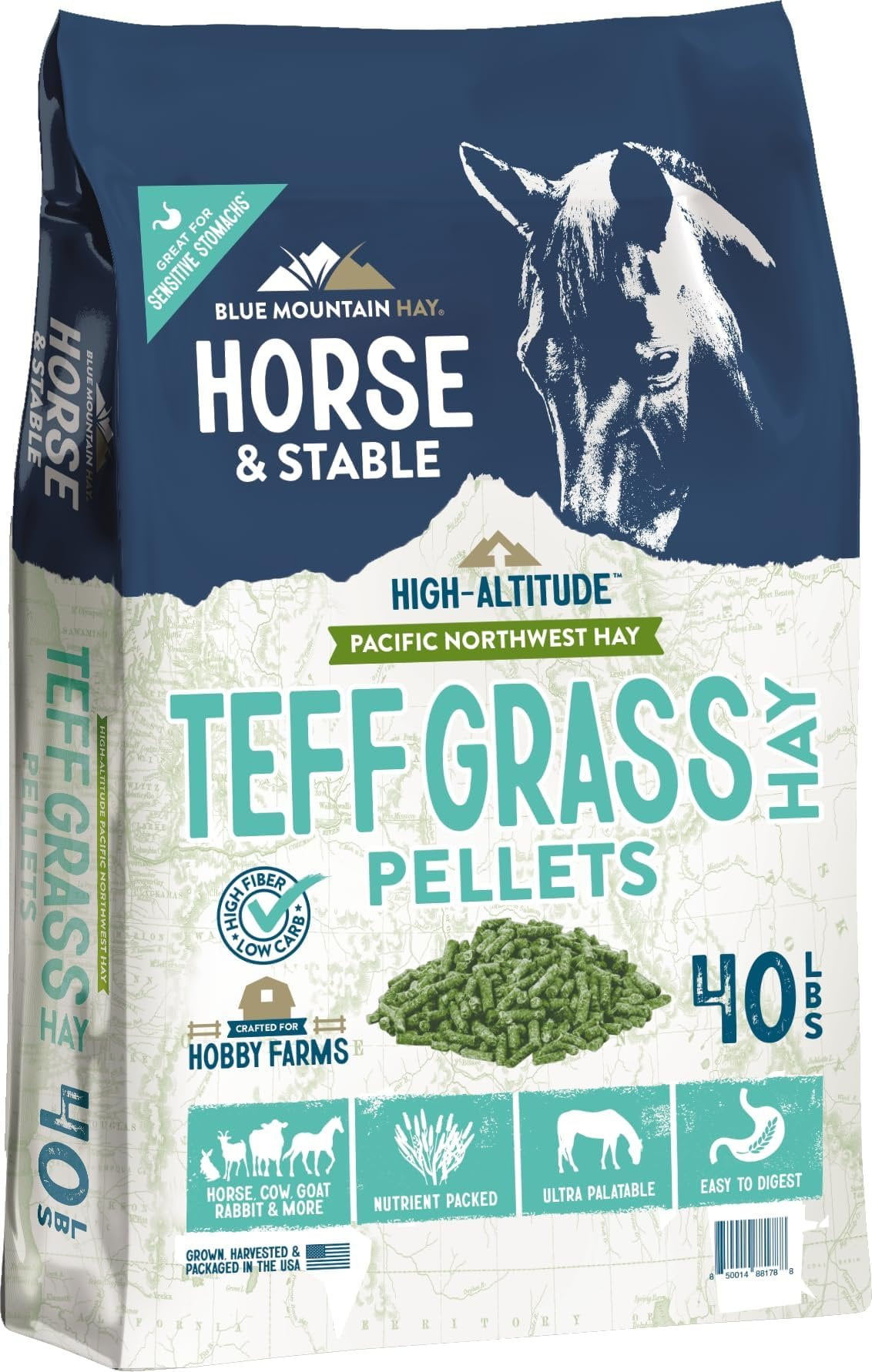 Blue Mountain High Altitude Horse Hay Pellets  Ultra Premium Alfalfa, Timothy, Orchard, Teff Hay  Nutrient Dense  Cattle, Sheep, Alpaca, Rabbits 40 LB, Teff Grass