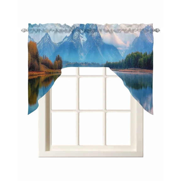 Blue Mountain Kitchen Curtains Swag Valance for Windows/Bathroom/Cafe, Forest Modern Art Pastoral Rod Pocket Drape Panel Swag Curtain Valance for Bedroom/Living Room 55''x36''