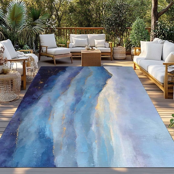 Blue Mountain Landscape Art Indoor Outdoor Rugs 4x6 Ft, Modern Abstract Mountain Cloud Painting Outdoor Patio Rugs Mat Washable Outside Area Rugs Carpet for Porch Deck RV Camping Pool Balcony
