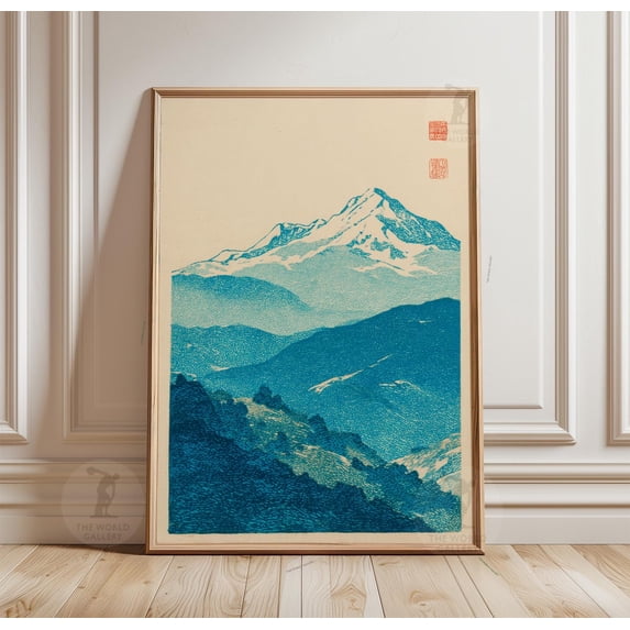 Blue Mountain Landscape Poster Poster Snow Capped Peak Illustration ...