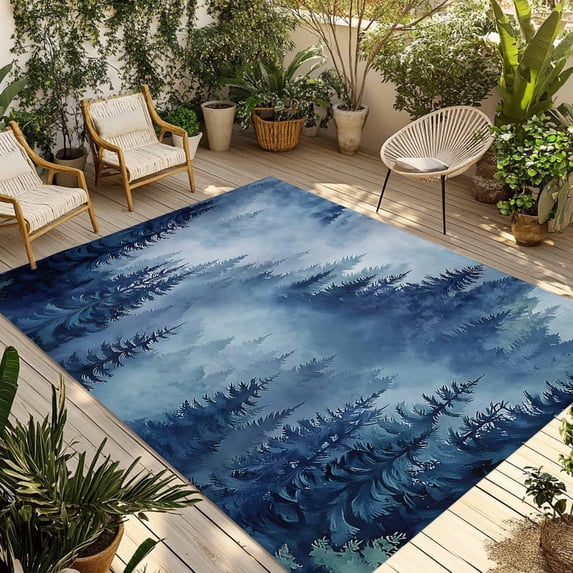 Blue Mountain Outdoor Rug for Patio/Deck/Porch, Non-Slip Large Area Rug 6 x 9 Ft, Misty Forest Nature Woodland Pine Tree Landscape Indoor Outdoor Rugs Washable Area Rugs, Camping Rug Carpet Runner
