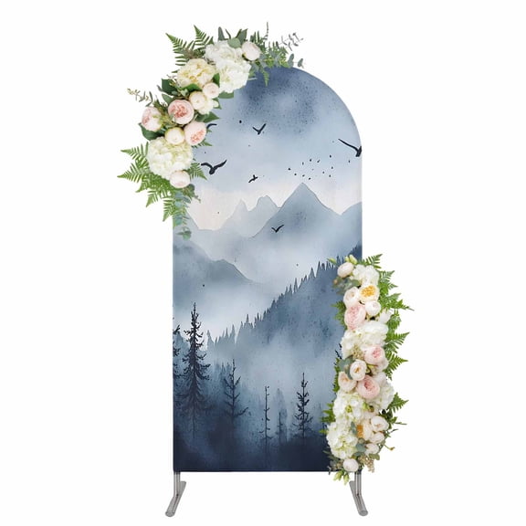 Blue Mountain Peak Arch Backdrop Cover 4FT, Forest Tree Bird Fog Landscape Spandex Fitted Stretchy Arch Stand Covers, Round Top Chiara Backdrop Cover for Wedding Party Birthday Baby Shower