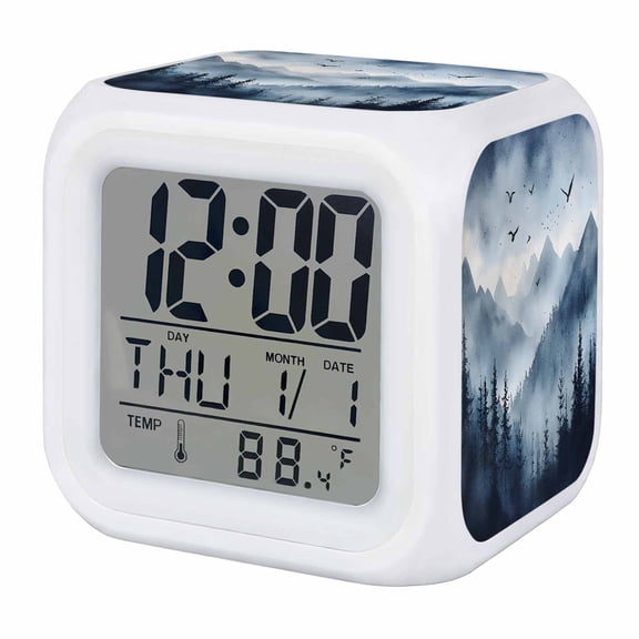 Blue Mountain Peak Digital Alarm Clock for Bedrooms, Smart LED Alarm Clock with 7 Color Changing Night Light, Forest Tree Bird Fog Landscape Silent Wake Up Clocks for Sleep Study Cooking 3.2"x3.2"