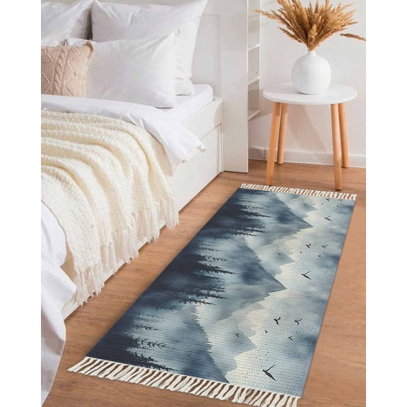 Blue Mountain Peak Hallway Runner Rug 2x5ft,Forest Tree Bird Fog Landscape Washable Woven Living Room Bedroom Kitchen Bathroom Carpet with Tassels,Indoor Outdoor Throw Door Mat for Entryway