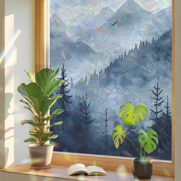Blue Mountain Peak Privacy Window Film, Decorative Stained Glass Window Film, Forest Tree Bird Fog Landscape Resuable Rainbow Static Cling for Home Bathroom Living Room Glass Door 17.7"x39.3"