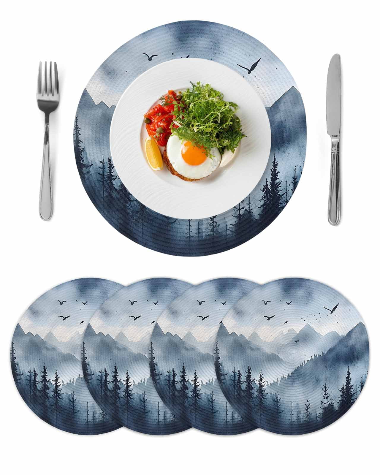 Blue Mountain Peak Round 13 Inch Placemats Set of 4, Forest Tree Bird ...