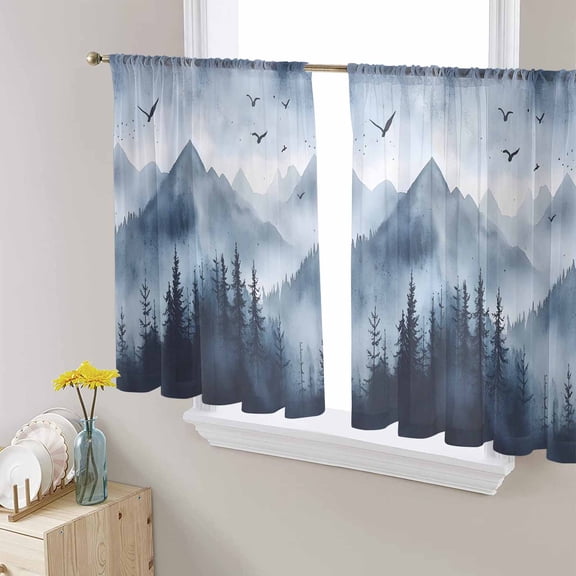 Blue Mountain Peak Semi Sheer Curtains 45 Inch Length 2 Panels Set, Forest Tree Bird Fog Landscape Sheer Kitchen Curtain Privacy Voile Window Curtain for Living Room Bedroom Rod Pocket Drapes