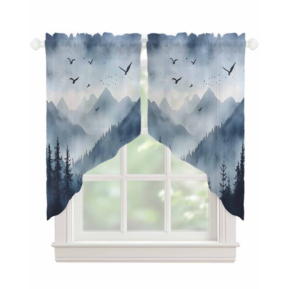 Blue Mountain Peak Swag Valances for Windows, Forest Tree Bird Fog Landscape Rod Pocket Sheer Valances for Small Windows, Swag Toppers Light Filtering for Kitchen Living Room 2 Panels 28''x36''