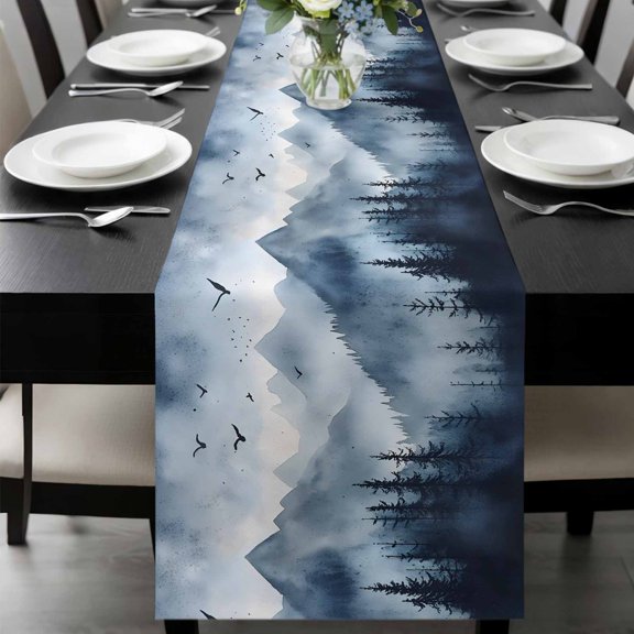 Blue Mountain Peak Table Runner 48 Inches Long, Forest Tree Bird Fog Landscape Kitchen Coffee Dining Table Decoration for Home Party Birthday Wedding Home Decor 13x48 Inches