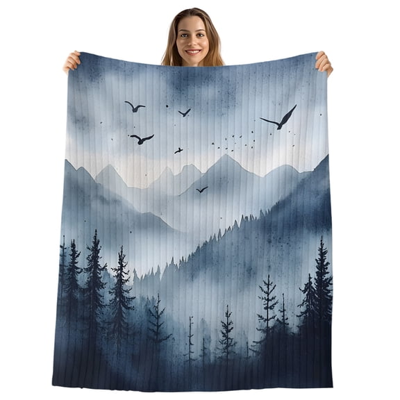 Blue Mountain Peak Throw Blanket, Flannel Fleece Blanket with Striped Design for Couch, Forest Tree Bird Fog Landscape Soft Breathable All Season Plush Blankets for Sofa Office Chair 30"x40"