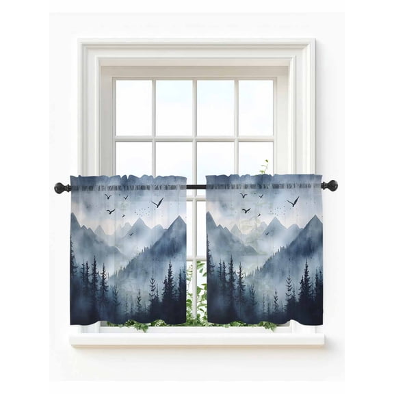 Blue Mountain Peak Tier Curtains 24 Inch Length,Sheer Curtains for Bedroom Living Room Window Forest Tree Bird Fog Landscape Rod Pocket Drapes Kitchen Curtains Small Half Window 27.5"x24" 2 Panels
