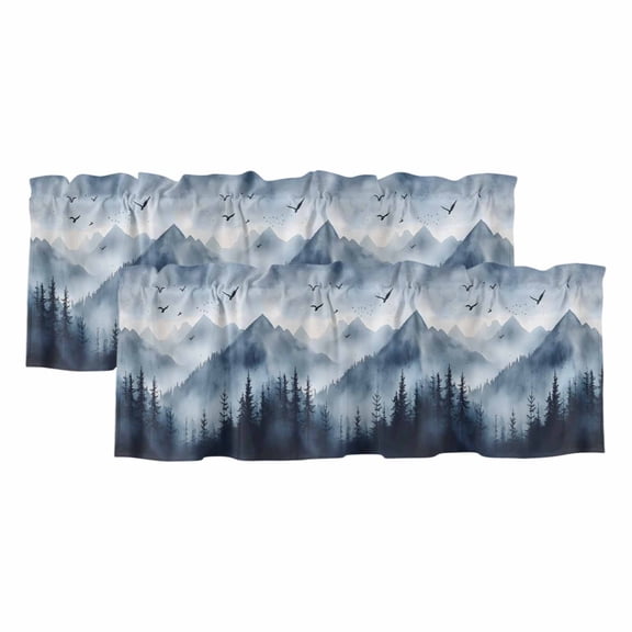 Blue Mountain Peak Valances for Windows, Forest Tree Bird Fog Landscape Light Filtering Kitchen Curtains, Rod Pocket Window Valance Curtains for Living Room Bedroom, 42" W x 12" L, 2 Panels