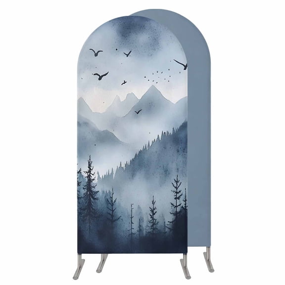 Blue Mountain Peak Wedding Arch Cover, Stretchy Spandex Arch Backdrop Stand Covers 4 FT, Forest Tree Bird Fog Landscape Round Top Arched Backdrop Cover for Birthday Party Ceremony Baby Shower Event