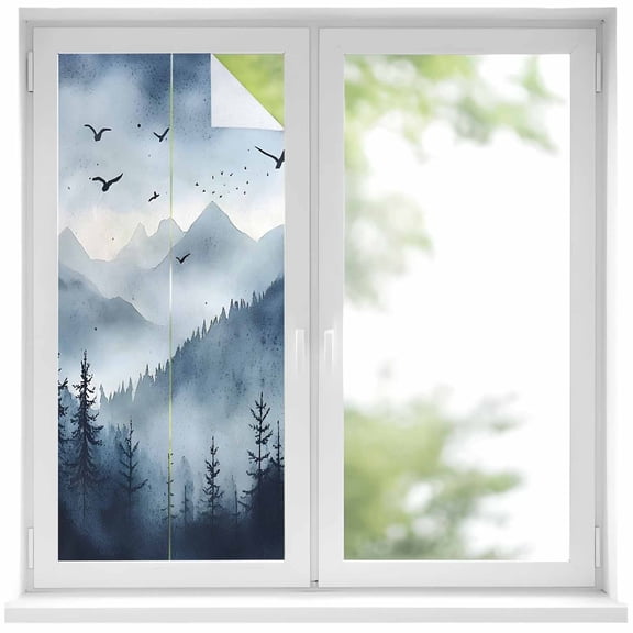 Blue Mountain Peak Window Privacy Film, Forest Tree Bird Fog Landscape Static Cling UV Sun Blocking Heat Control Window Tint Day and Night, Non-Adhesive One Way Windows Privacy Cover 17.7''x39.3''