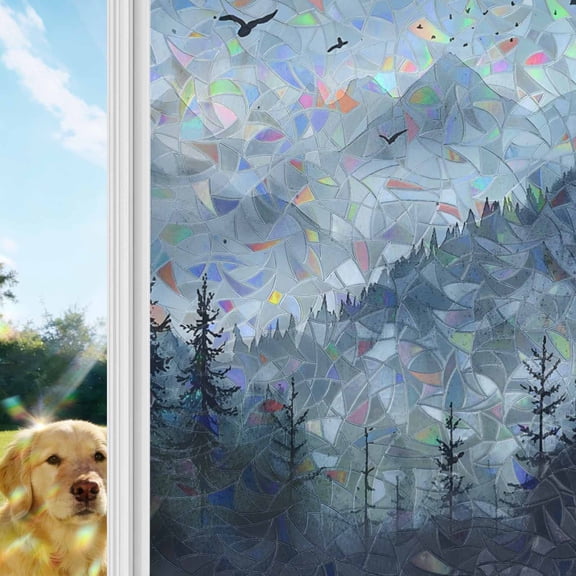 Blue Mountain Peak Window Privacy Film Stain Glass,Reusable Decorative Rainbow Window Film,Forest Tree Bird Fog Landscape Static Cling Sun Blocking Stickers Decals Covers 19.6" x 39.3" (2pcs)