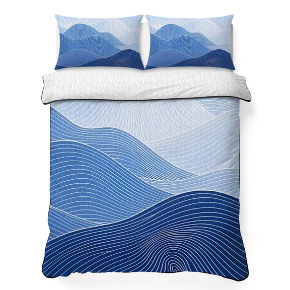 Blue Mountain Ridges 3 Piece Quilt Bedding Set with 2 Pillow Shams, Sky Blue Ombre Fluid Lines Mountains Serene Abstract Lightweight Bedspread Coverlet, Breathable All Season Quilt, 96 x 106 Inch