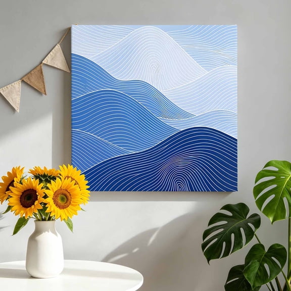 Blue Mountain Ridges Canvas Wall Art for Living Room, Sky Blue Ombre Fluid Lines Mountains Serene Abstract Poster Print Painting for Bedroom Office Decoration Wall Pictures Prepare To Hang 16"x16"