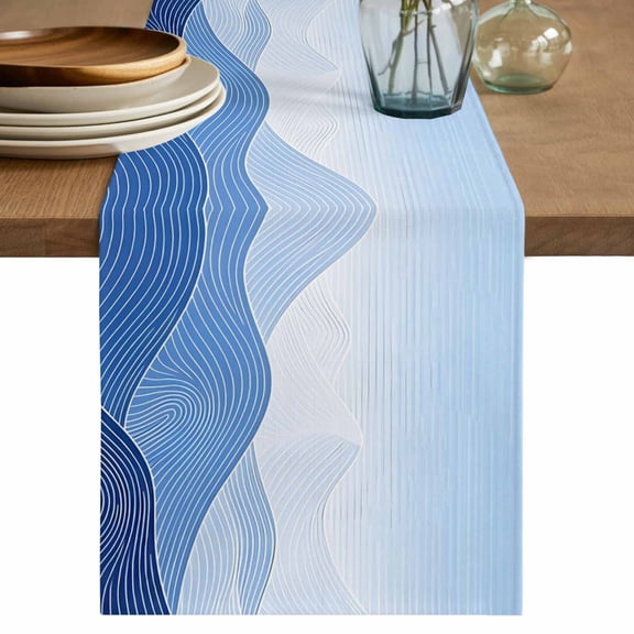 Blue Mountain Ridges Table Runner, Sky Blue Ombre Fluid Lines Mountains Serene Abstract Cotton Linen Table Cloth, Tablerunner for Kitchen Dining Party Wedding Home Decor 13x36 Inch