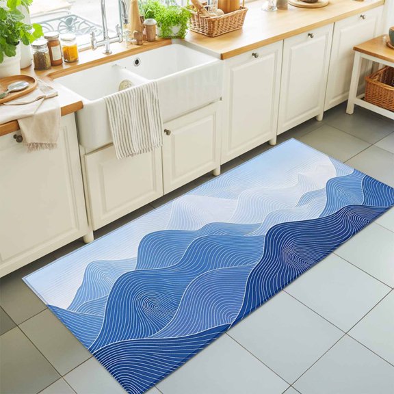 Blue Mountain Ridges Washable Runner Rugs 2'x6', Sky Blue Ombre Fluid Lines Mountains Serene Abstract Washable Runner Rug Non-Slip Sturdy Edge Binding Carpet for Bedside Hallway Runner Kitchen Galley