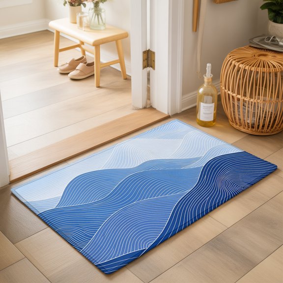 Blue Mountain Ridges Washable Small Entryway Area Rugs 2'x3', Sky Blue Ombre Fluid Lines Mountains Serene Abstract Washable Rug Non-Slip Sturdy Edge Binding Carpet for Front Door Floor Room Entry