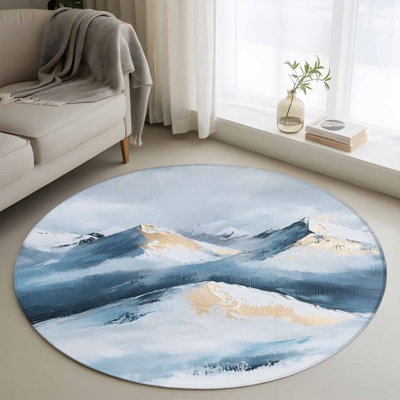 Blue Mountain Round Rugs for Living Room 3ft Abstract Sky Snow Scenery Gradient Art Non Slip Circle Rug Washable Low-Profile Indoor Carpet for Bedroom, Dining Room, Bathroom
