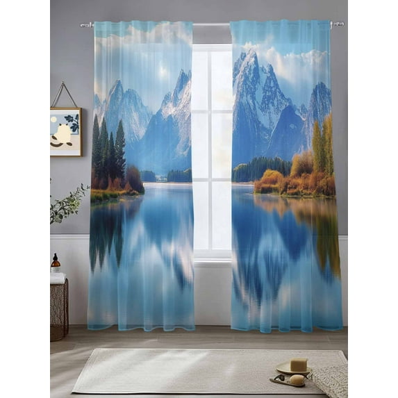 Blue Mountain Sheer Curtains for Living Room Bedroom Modern Art Farmhouse Forest Sheer Curtains 84 Inch Long 2 Panels Set Light Filtering Curtain Window Treatments Drapes for Dining Room
