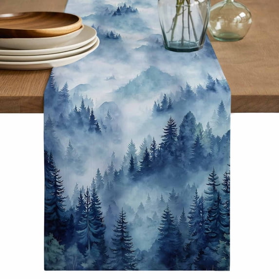 Blue Mountain Table Runner 108 Inches, Misty Forest Nature Woodland Pine Tree Landscape Bed Runner Dresser Scarves Tabletop for Indoor Outdoor Parties/Ceremony/Banquet, 13"x 108"