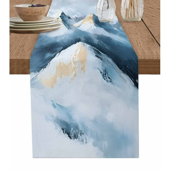 Blue Mountain Table Runner-Cotton Linen- 108 Inch Holiday Dresser Scarves, Abstract Sky Snow Scenery Gradient Art Tablerunner for Kitchen Coffee/Dining Bedroom Living Room Dinner Scarf Décor 13x108
