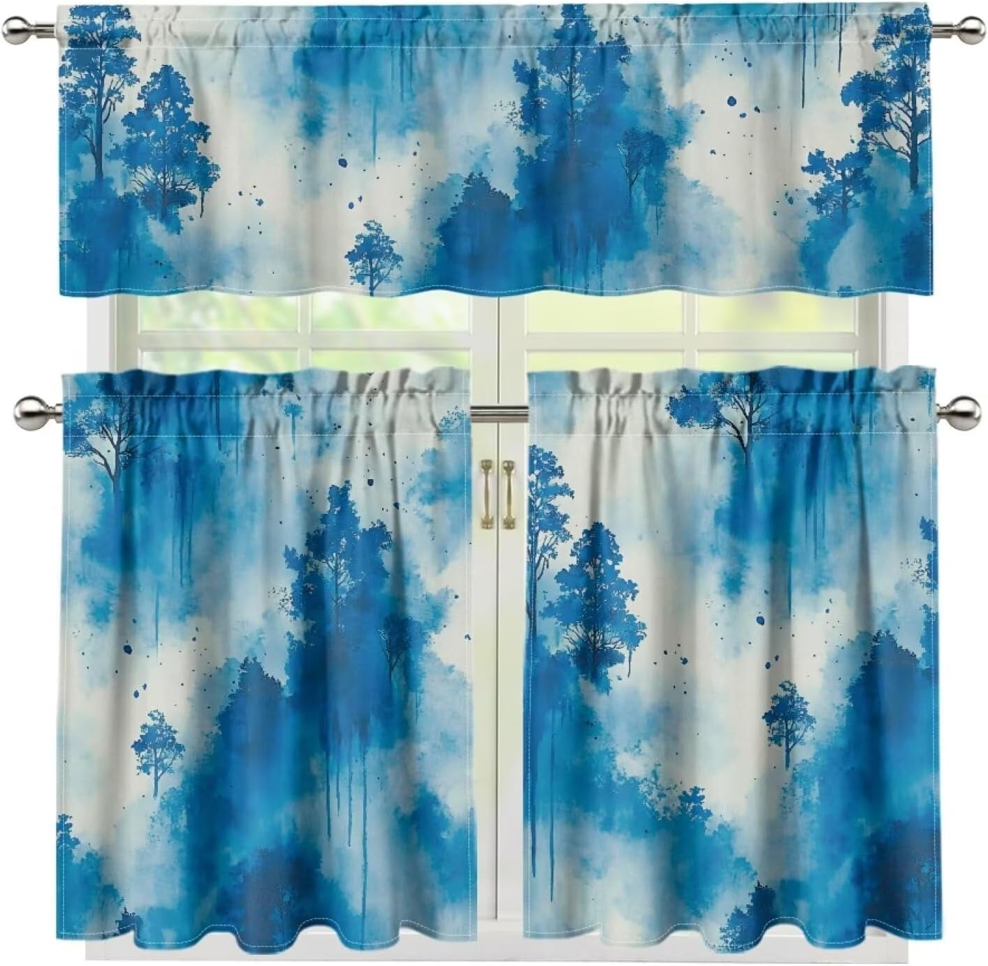 Blue Mountain Trees Kitchen Curtains and Valances Set Kitchen Curtain Set with Valance Kitchen Window Dressing Kitchen Curtain Combo Light Filtering Energy Efficient Curtain Set