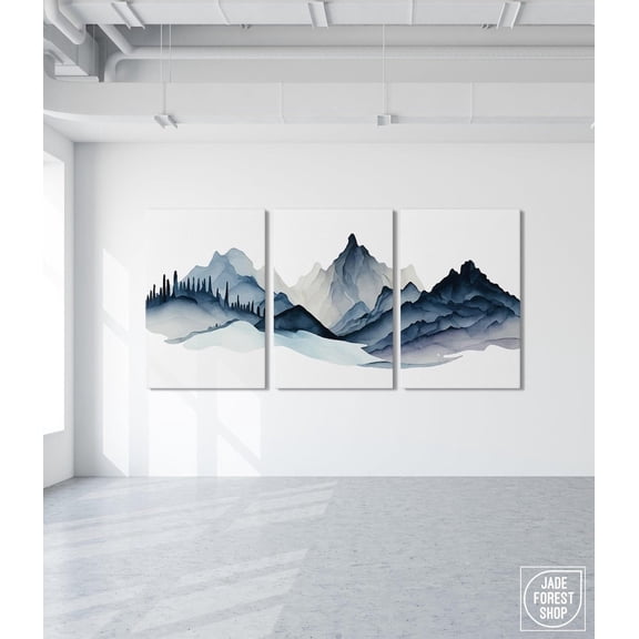 Blue Mountain Triptych Wall Art Modern Farmhouse Landscape Canvas Set Set 3