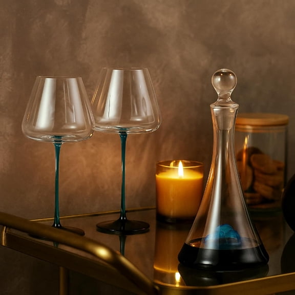 Blue Mountain Wine Decanter Set Handblown Crystal Carafe with 2 Blue Stem Wine Glasses Luxury Gift Set for Wine Lovers Home Bar Dinner Parties Christmas Anniversary Housewarming