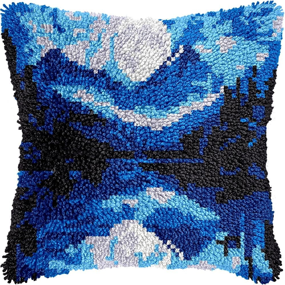 Blue Mountains Latch Hook Kits Pillow DIY Pillowcase Crochet Hook Cushion Making Kits with Preprinted Pattern Canvas Instruction Yarns Pillow Cover Easy Starter DIY Crochet Kits 43x43cm（L83)