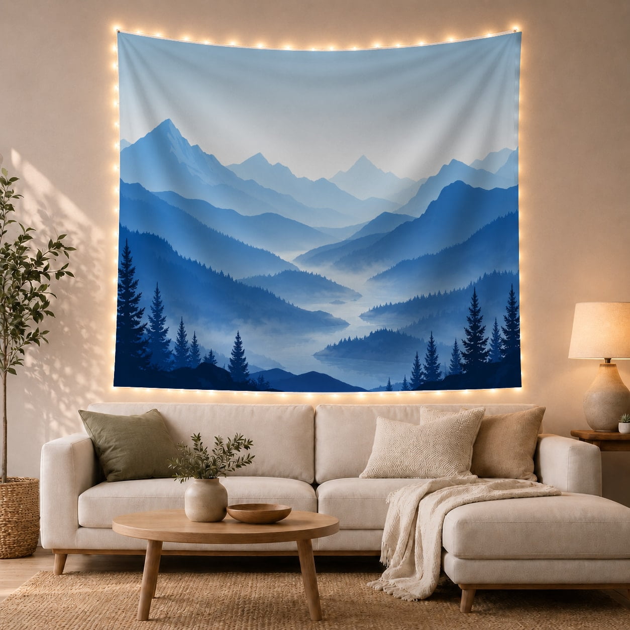 Blue Postic Note Blue Mountains Above Misty Valley with Pines, Serene Illustration for ...