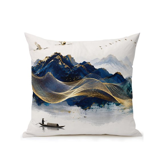 Blue Mountains Outdoor Throw Pillow with Insert, 18"x18" Oriental Water Mountain Golden Lines Crane Boat Waterproof Decorative Square Patio Pillows for Small Patio Chairs, Balcony, Couch