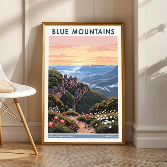 Blue Mountains Three Sisters Art Print: Australian Landscape Gouache, Unframed Canvas Size 8x12