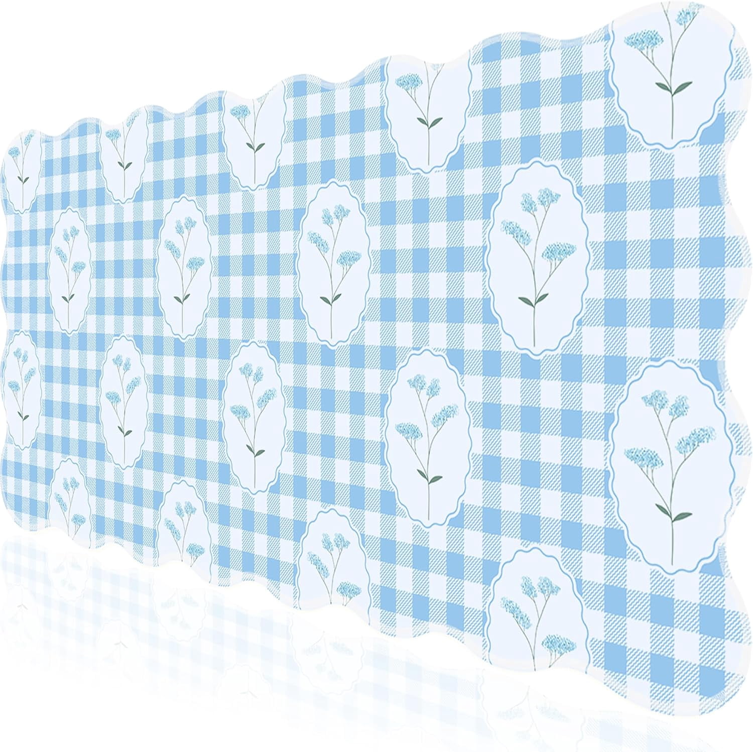 Blue Mouse Pad,Checkered Floral Desk Mat XXL Large Scalloped Cottagecore Gaming Mousepad,35.4x15.7in Non-Slip Rustic Keyboard Pad Desktop Mat for Laptop Computer Game Home Office
